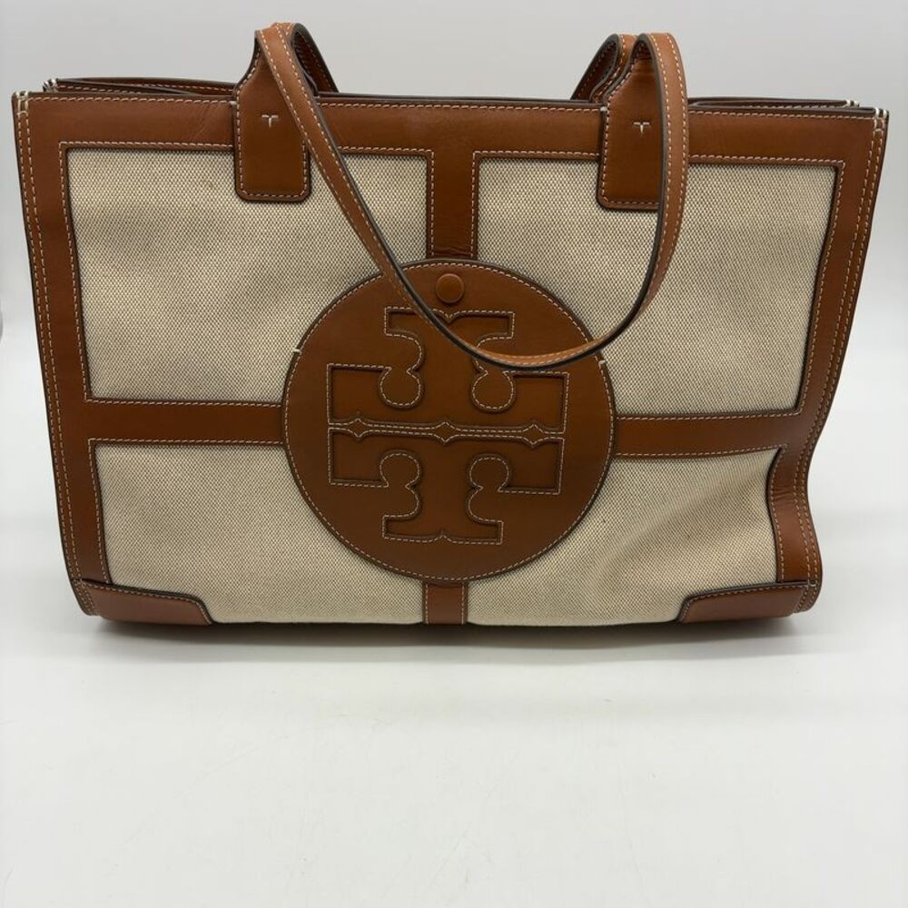 Tory Burch Natural Canvas Tote with Caramel Leather Trim